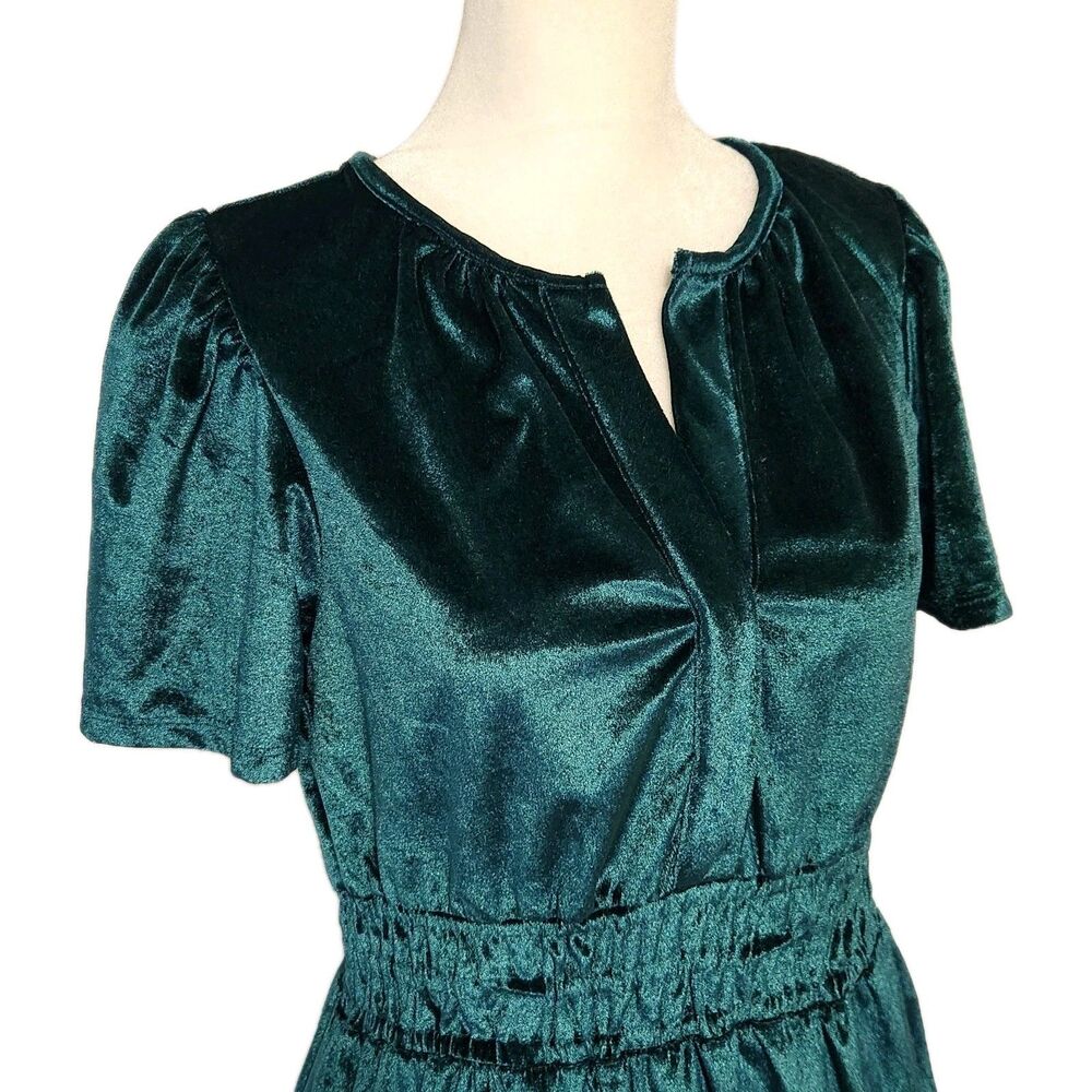 French Connection Emerald Green Velvet Short Sleeve Mini Dress XS NWT Ruffle - Picture 3 of 16